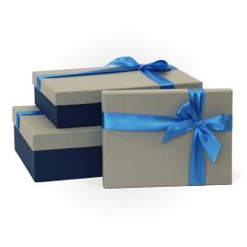 Коробка подарочная Рогожка с бантом тиснение прямоугольник синий-слоновая кость 290х190х80