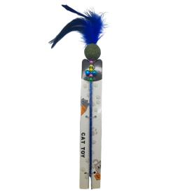 Игрушка-дразнилка на палочке Wogy Шар из кошачьей мяты с перьями и бусинами 29/49 см